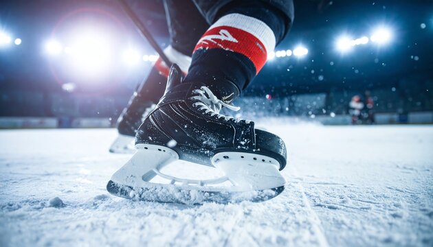 Ice hockey player skates fast on rink, demonstrating agility, speed, and power under bright arena lights during a competitive winter sports match.