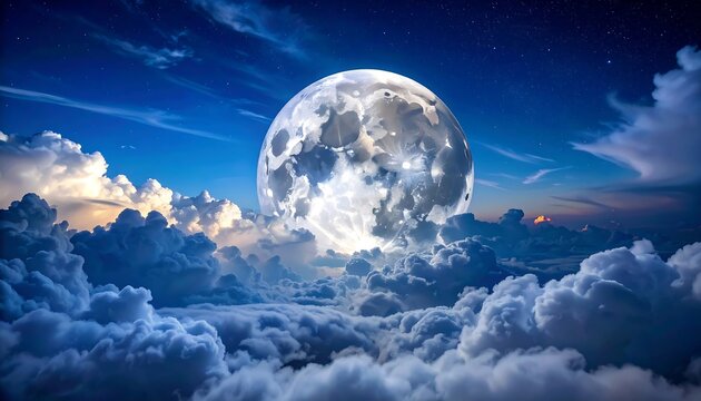 Majestic moon glows above fluffy white clouds at night