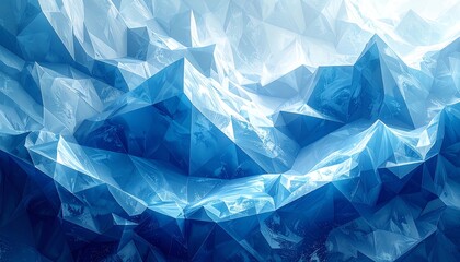 Abstract crystalline blue ice forms sharp geometric peaks, reflecting light and creating a cold, futuristic, and visually striking winter background.