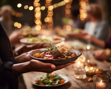 Close-up of hands holding a dinner plate with roasted vegetables and meat at a festive table with warm lights. Perfect for visuals about holidays and shared meals.