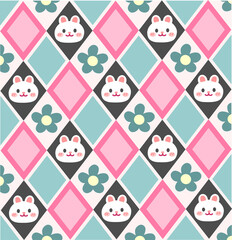 Kawaii Bunny and Flower Seamless Geometric Pattern with Rhombus Shapes 