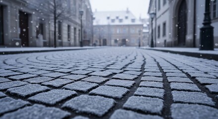 Obraz premium Cobblestone Street in Winter Snow With European Architecture in Background