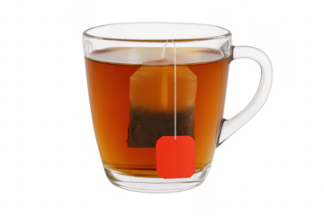 Hot tea brewing in glass mug with teabag