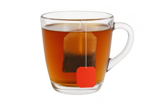 Hot tea brewing in glass mug with teabag