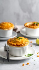 Close-up of three savory baked pastries with golden crusts