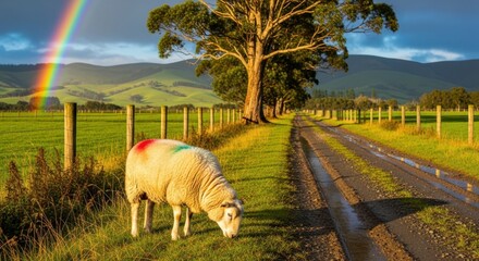 A lone sheep grazes in a lush green field under a vibrant rainbow, with a dirt road leading towards rolling hills