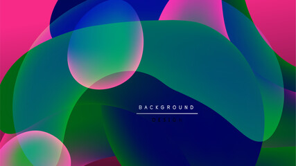 Abstract colorful shapes overlap, creating vibrant gradients. Dark background enhances luminosity, modern design element.