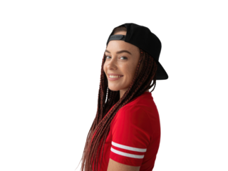 Young woman wearing a baseball cap and red shirt posing confidently in a studio portrait