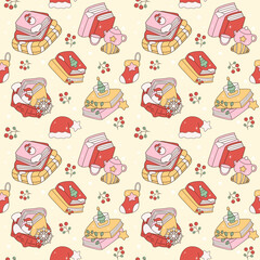 Cute bookish Christmas seamless pattern, kawaii vector background. Cozy holiday print, stack of books, Santa hat, stocking, winter reading, pastel for fabric and wrapping paper.
