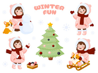 Cute Little Girl and Corgi Winter Fun Set