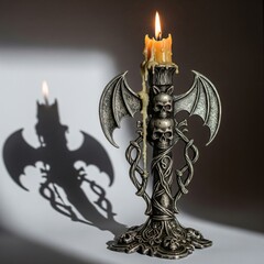 Fototapeta premium Ornate Silver Candlestick with Burning Candle and Shadow on Gray Background