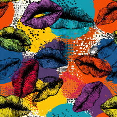 Colorful abstract lips pattern with halftone dots and vibrant geometric background