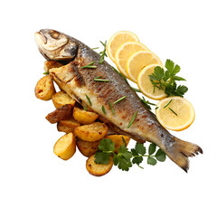 Delicious grilled fish dish with roasted potatoes and lemon slices
