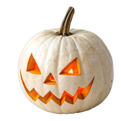 Eerie white pumpkin lantern glowing on Halloween night isolated on black