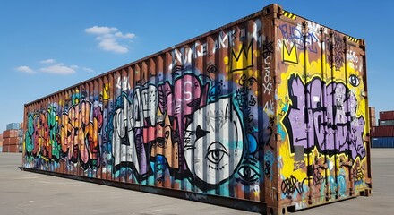 Naklejka premium Vibrant Graffiti Art on Shipping Container in Sunny Outdoor Industrial Yard - Urban Street Culture and Colorful Background for Design Projects