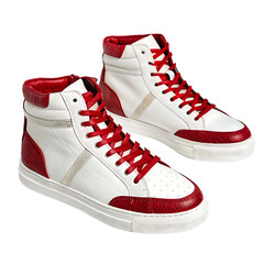 Pair of Stylish White and Red High Top Sneakers on Black Background