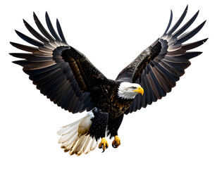 Obraz premium Flying bald eagle captured mid-flight, isolated object, no shadows, clean white background
