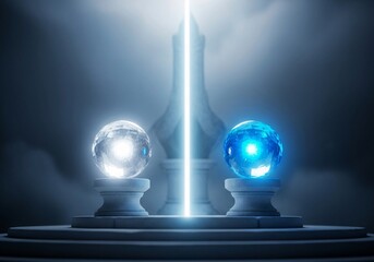 Mystical glowing crystal spheres on stone pedestal with radiant light beam — fantasy atmospheric composition in cool blue and white tones