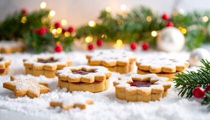 Festive linzer torte cookies adorned with powdered sugar for christmas holidays