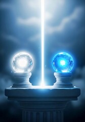 Mystical glowing crystal spheres on stone pedestal with radiant light beam — fantasy atmospheric composition in cool blue and white tones