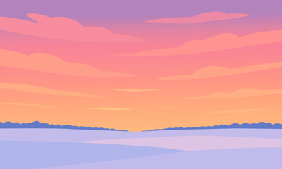 Minimal flat vector landscape with vibrant sunset sky, pink clouds, and soft purple hills. Perfect background for posters, web design, or peaceful nature projects.