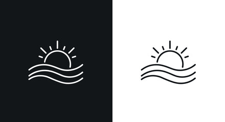 Fototapeta premium Sunrise or sunset over ocean waves line art in black and white contrast backgrounds.