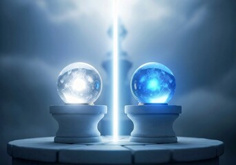 Mystical glowing crystal spheres on stone pedestal with radiant light beam — fantasy atmospheric composition in cool blue and white tones