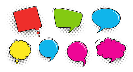A collection of colorful comic book style speech bubbles for conversation and communication.