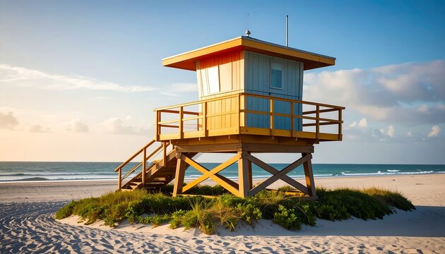 Iconic lifeguard tower stands guard along tranquil beach at sunset hour
