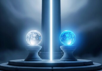 Mystical glowing crystal spheres on stone pedestal with radiant light beam — fantasy atmospheric composition in cool blue and white tones