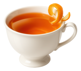Porcelain teacup with vibrant orange tea, garnished with a twisted orange peel.