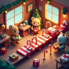 Obraz premium 3D Cute Teddy Bears Wrapping Gifts in Santa’s Workshop, Adorable Christmas Factory Scene