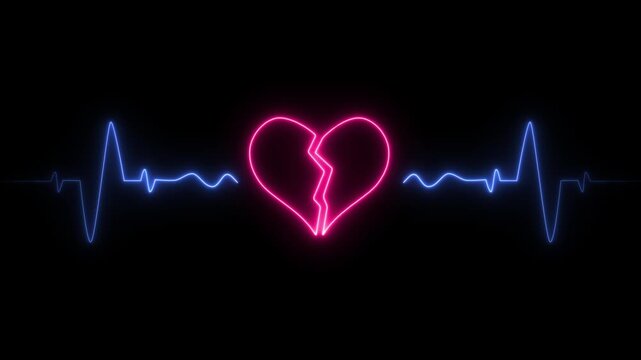 Neon glowing broken heart with blue ECG heartbeat line on black background. Broken heart with heartbeat line in neon light design. Symbol of love loss, and heartbreak in a modern glowing design.