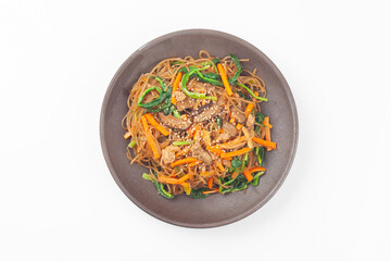 Japchae is a dish made by stir-frying vegetables, mushrooms, meat, and other ingredients and mixing them with boiled glass noodles.
