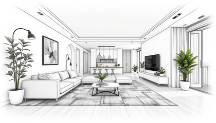 Fototapeta premium Modern Interior Design Sketch Featuring Open Concept Living Room Layout