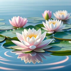 Serene water lilies floating on calm water with reflections