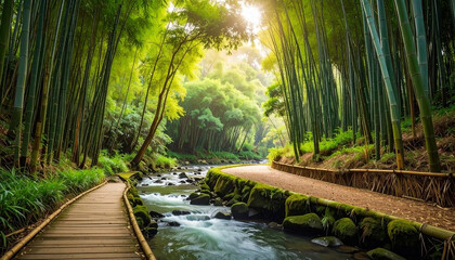 Verdant bamboo grove beside flowing river and wooden walkway bamboo forest green bamboo