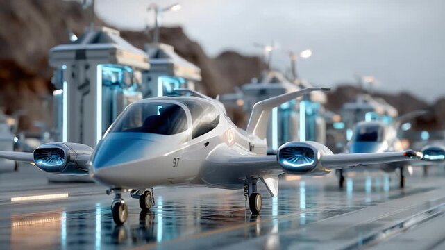 Futuristic Aviation: A sleek, futuristic aircraft with advanced design sits poised on a runway, showcasing innovation in transport technology.