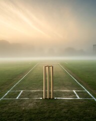 Cricket pitch with wickets and stumps at sunrise with misty sky