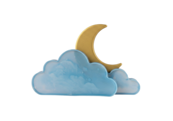 Golden crescent moon behind blue clouds PNG isolated on transparent background, dreamy night sky weather icon for graphic design