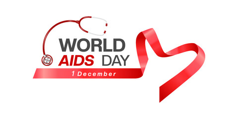 December 1 is World AIDS Day. Heart shaped red ribbon and stethoscope. Suitable for posters, banners and social media. White background.