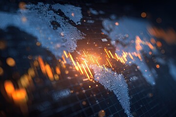 Digital abstract representing global financial data with illuminated map and glowing energy