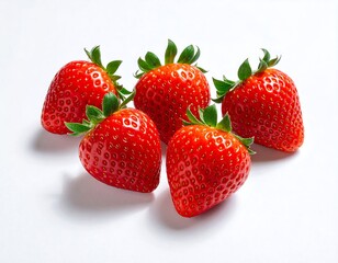 Five ripe, red berries arranged on a white surface