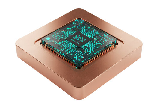 Futuristic CPU chip isolated PNG on transparent background, advanced technology component for computer hardware and digital innovation