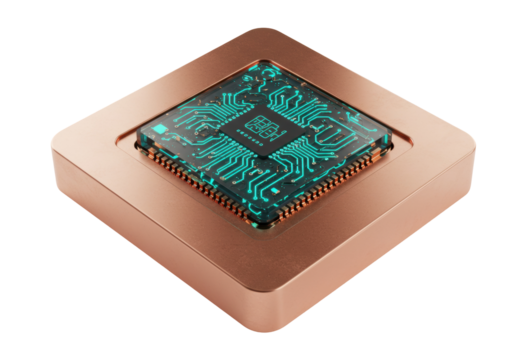 Futuristic CPU chip isolated PNG on transparent background, advanced technology component for computer hardware and digital innovation