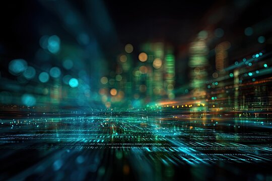 Abstract digital illustration depicting a futuristic cityscape with glowing lights and data streams - Powered by Adobe