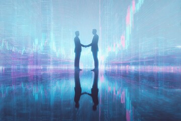 Silhouetted figures shaking hands against a digital data backdrop; futuristic, luminous, and reflective
