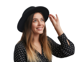 Young woman wearing a stylish black hat and dress in a studio portrait