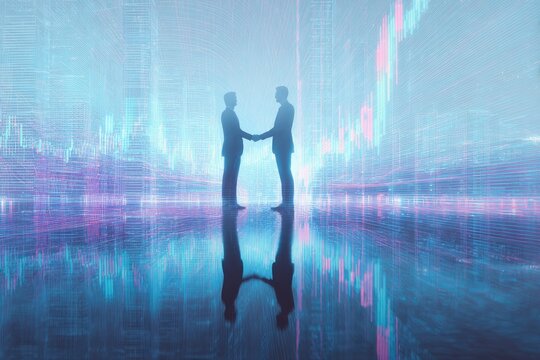 Silhouetted figures shaking hands against a digital data backdrop; futuristic, luminous, and reflective