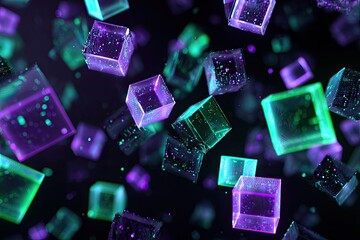 Render of floating, glowing, semi-transparent cubes, with particles and a dark, blurred background